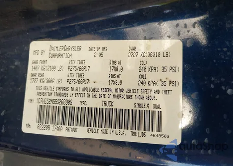 2005 Dodge Dakota Laramie из США, поврежденный, VIN 1D7HE52N55S268909